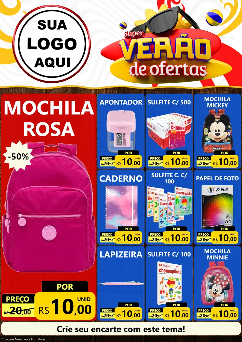 Modelo de Encarte para Encarte A4 Vertical com o tema Super Verão de Ofertas para Papelaria