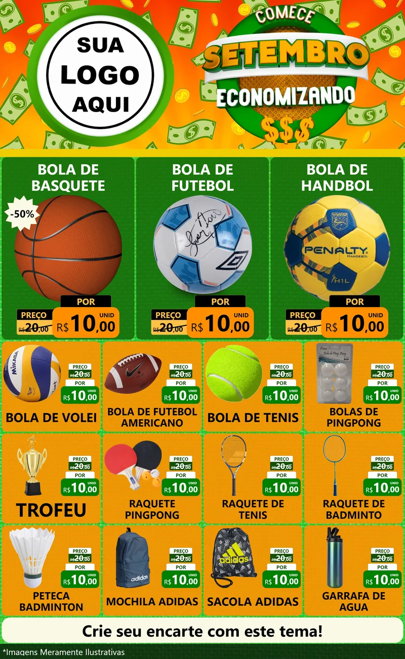 Modelo de Encarte para Encarte Grande com o tema Comece Setembro Economizando para Artigos Esportivos