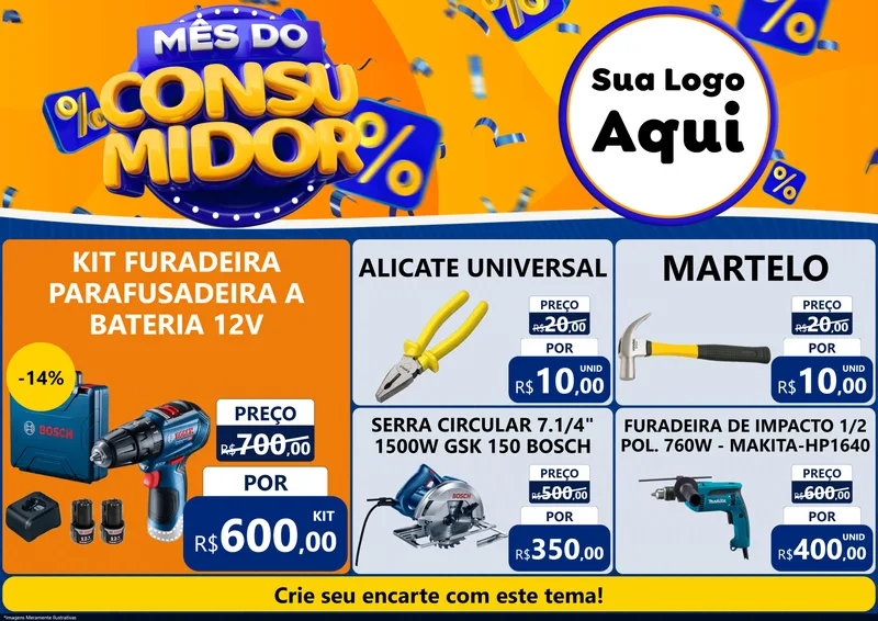 Modelo de Encarte para Encarte A4 Horizontal com o tema Mês do Consumidor para Maquinas e Ferramentas
