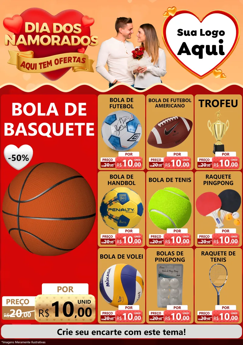 Modelo de Encarte para Encarte A4 Vertical com o tema Dia dos Namorados - Aqui Tem Ofertas para Artigos Esportivos