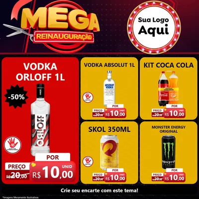Modelo de Rede Social para Feed Facebook com o tema Mega Reinauguração para Distribuidora de bebidas