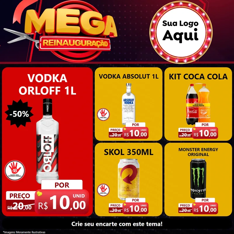 Modelo de Rede Social para Feed Facebook com o tema Mega Reinauguração para Distribuidora de bebidas