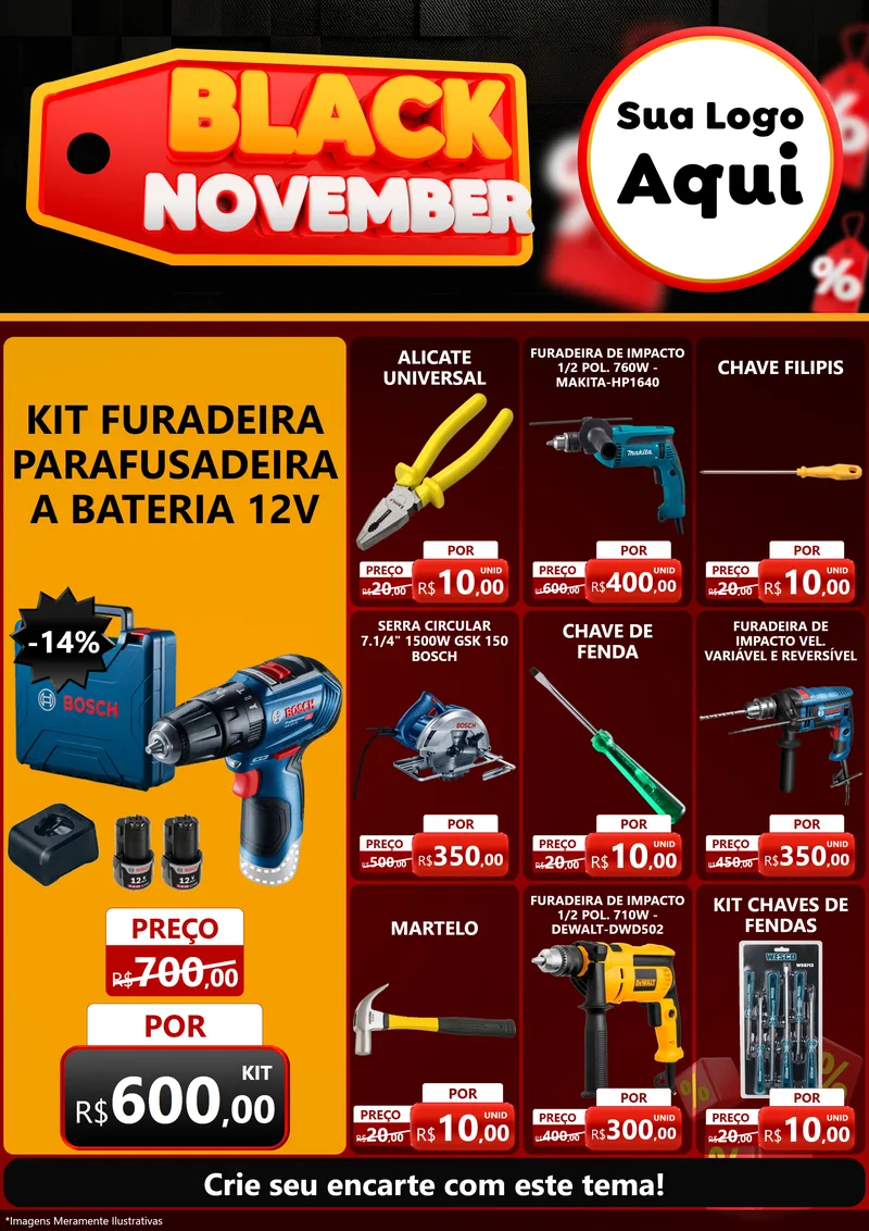 Modelo de Encarte para Encarte A4 Vertical com o tema Black November para Maquinas e Ferramentas