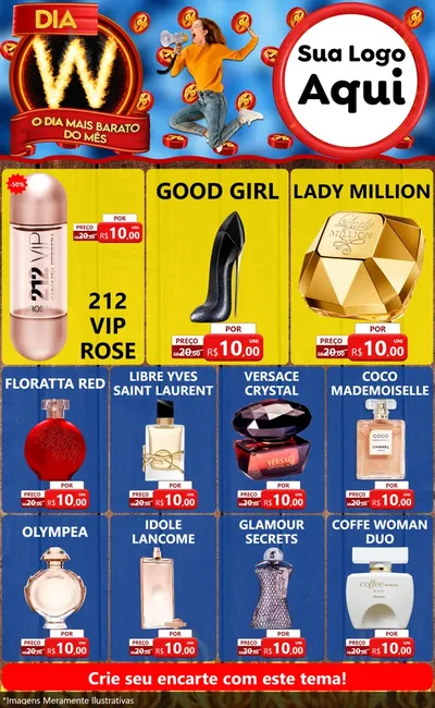 Modelo de Encarte para Encarte Grande com o tema Dia W - O Dia Mais Barato Do Mês para Perfumes