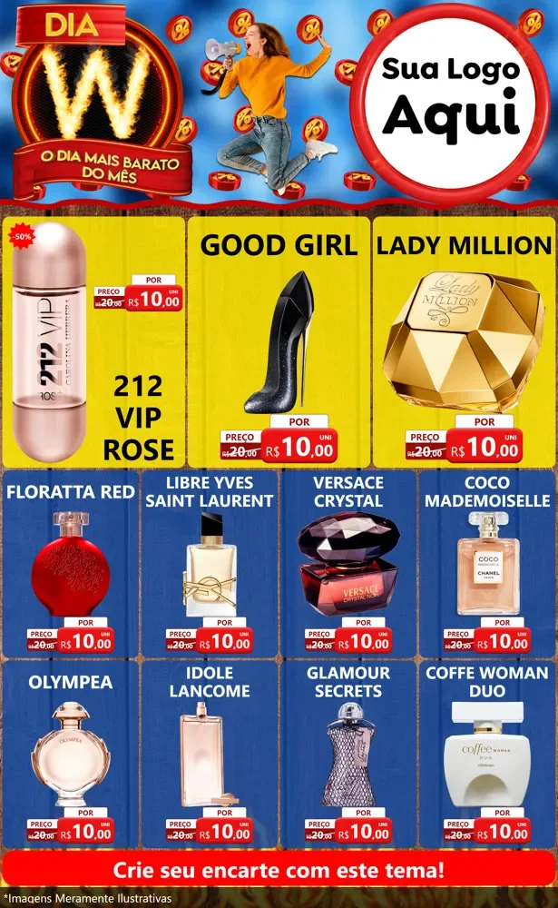 Modelo de Encarte para Encarte Grande com o tema Dia W - O Dia Mais Barato Do Mês para Perfumes
