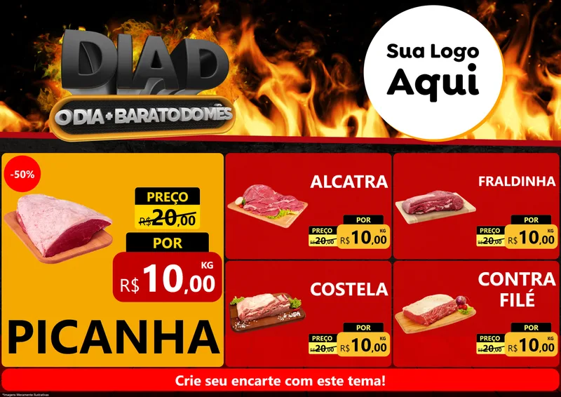 Modelo de Encarte para Encarte A4 Horizontal com o tema Dia D, O Dia Mais Barato Do Mês para Açougue
