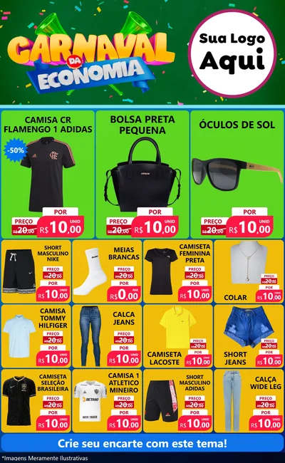 Modelo de Encarte para Encarte Grande com o tema Carnaval da Economia para Roupas e acessórios