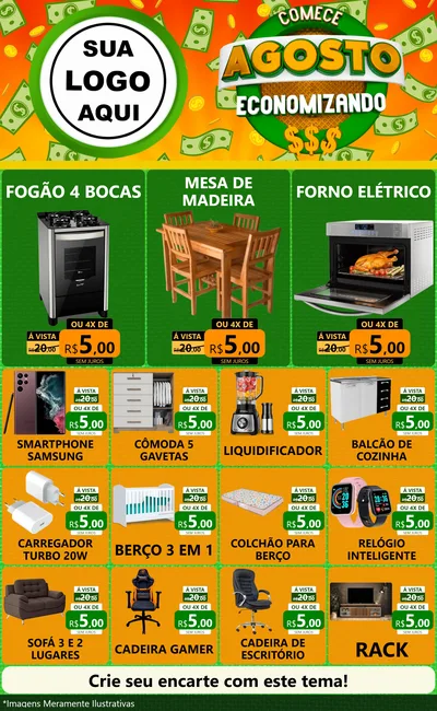 Modelo de Encarte para Encarte Grande com o tema Comece Agosto Economizando para Móveis e Eletro