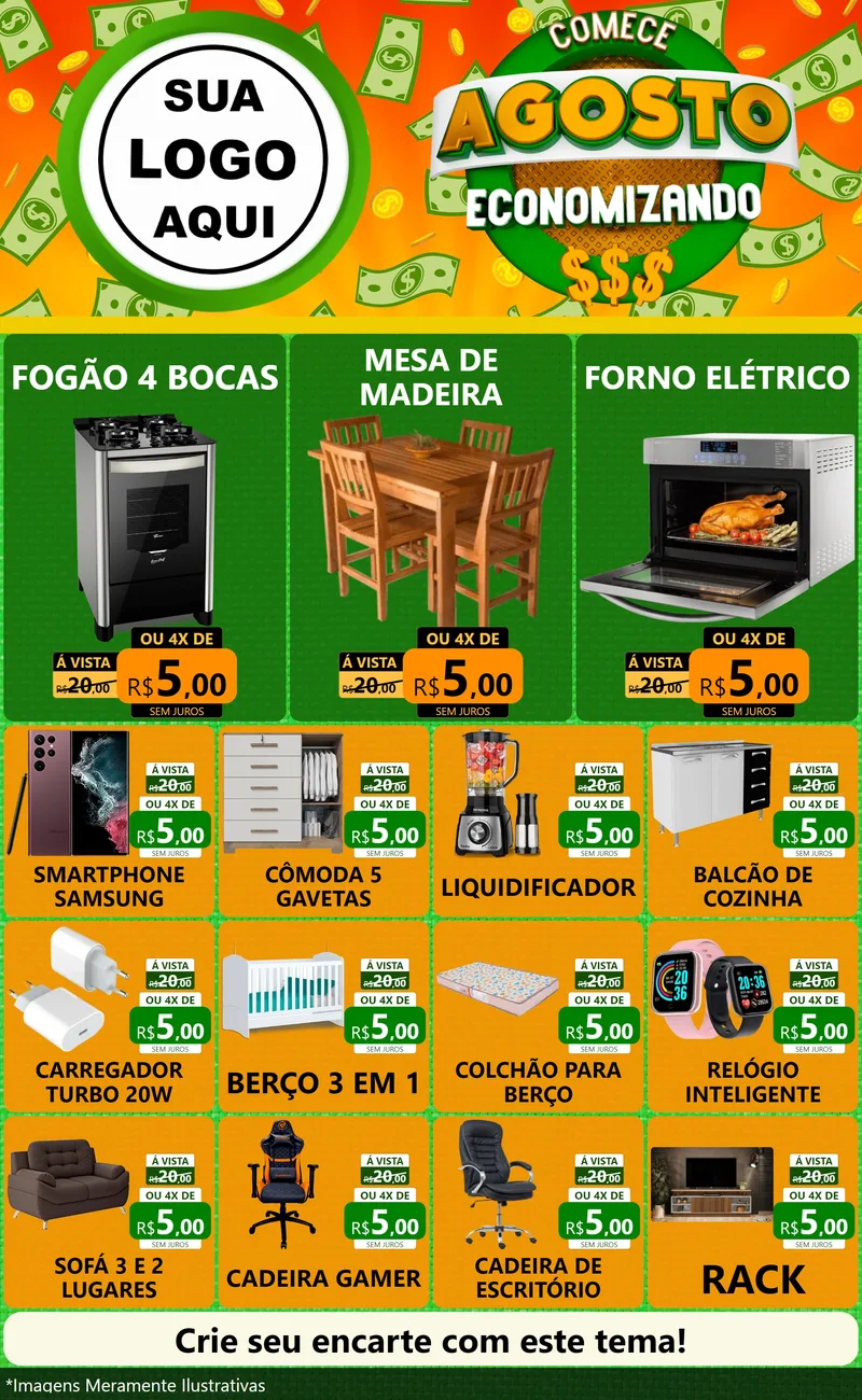 Modelo de Encarte para Encarte Grande com o tema Comece Agosto Economizando para Móveis e Eletro