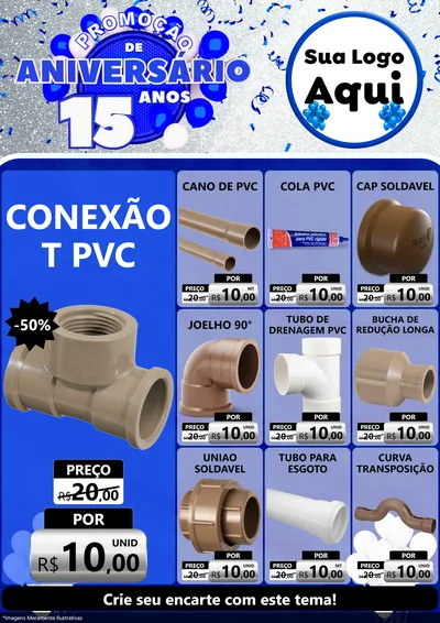 Modelo de Encarte para Encarte A4 Vertical com o tema Promoção de Aniversário - 15 Anos para Tubos e conexões