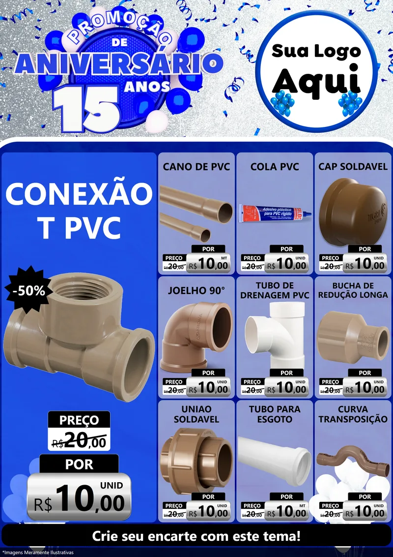 Modelo de Encarte para Encarte A4 Vertical com o tema Promoção de Aniversário - 15 Anos para Tubos e conexões