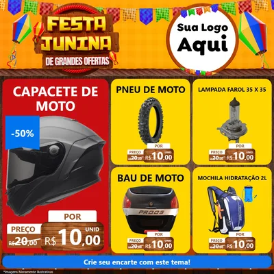 Modelo de Rede Social para Feed Facebook com o tema Festa Junina de Grandes Ofertas para Moto peças