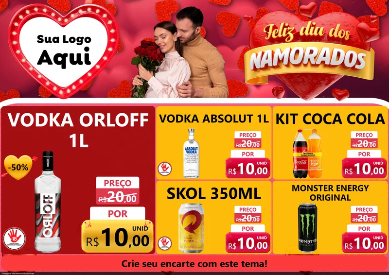 Modelo de Encarte para Encarte A4 Horizontal com o tema Feliz Dia Dos Namorados para Distribuidora de bebidas