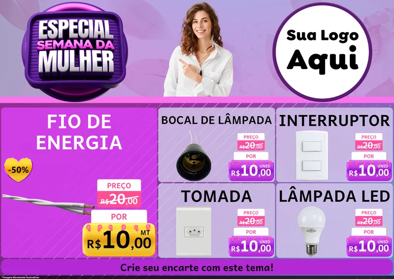 Modelo de Encarte para Encarte A4 Horizontal com o tema Especial Semana da Mulher para Materiais Elétricos