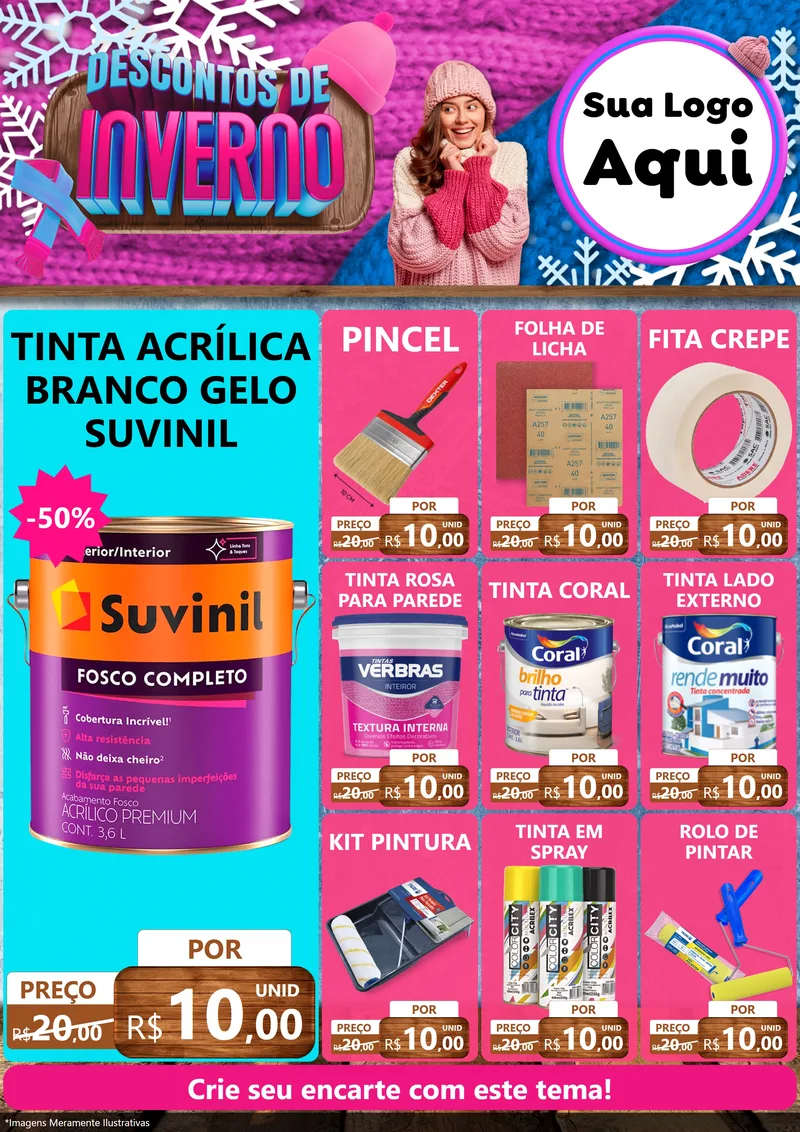 Modelo de Encarte para Encarte A4 Vertical com o tema Descontos de Inverno para Tintas e Ferramentas
