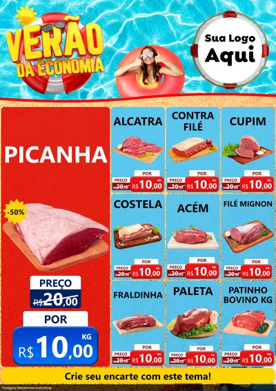 Modelo de Encarte para Encarte A4 Vertical com o tema Verão da Economia para Açougue