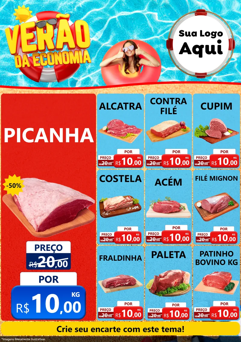 Modelo de Encarte para Encarte A4 Vertical com o tema Verão da Economia para Açougue
