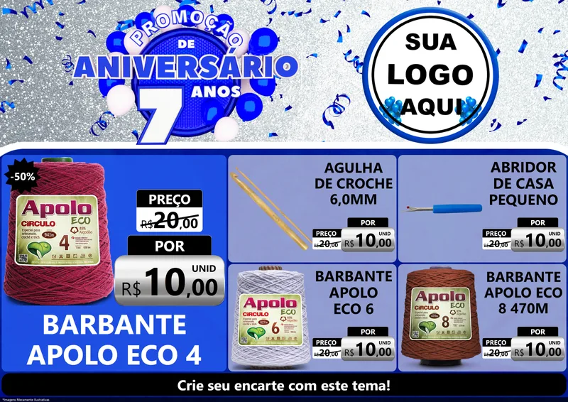 Modelo de Encarte para Encarte A4 Horizontal com o tema Promoção de Aniversário - 7 Anos para Armarinho e Aviamentos