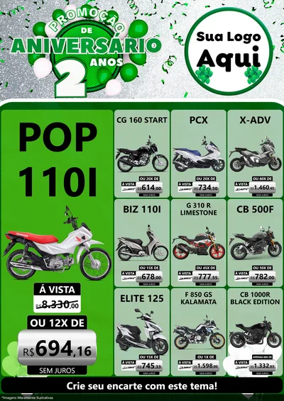 Modelo de Encarte para Encarte A4 Vertical com o tema Promoção de Aniversário - 2 Anos para Concessionaria de Motos