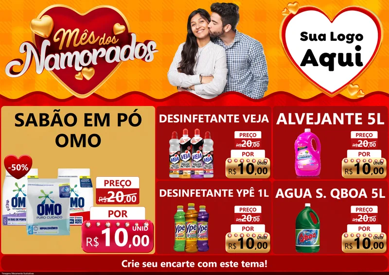 Modelo de Encarte para Encarte A4 Horizontal com o tema Mês dos Namorados para Produtos de Limpeza