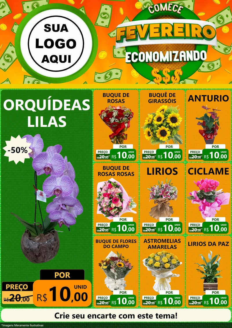Modelo de Encarte para Encarte A4 Vertical com o tema Comece Fevereiro Economizando para Floricultura e jardim