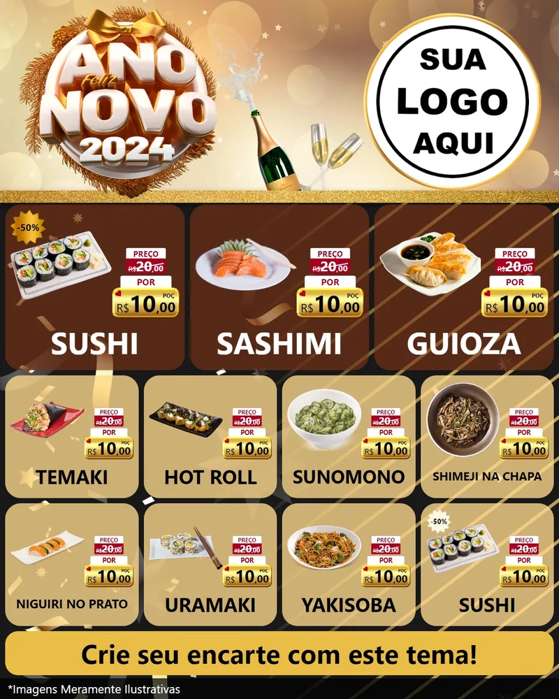Modelo de Rede Social para Feed Instagram com o tema Feliz Ano Novo 2027 para Comida japonesa