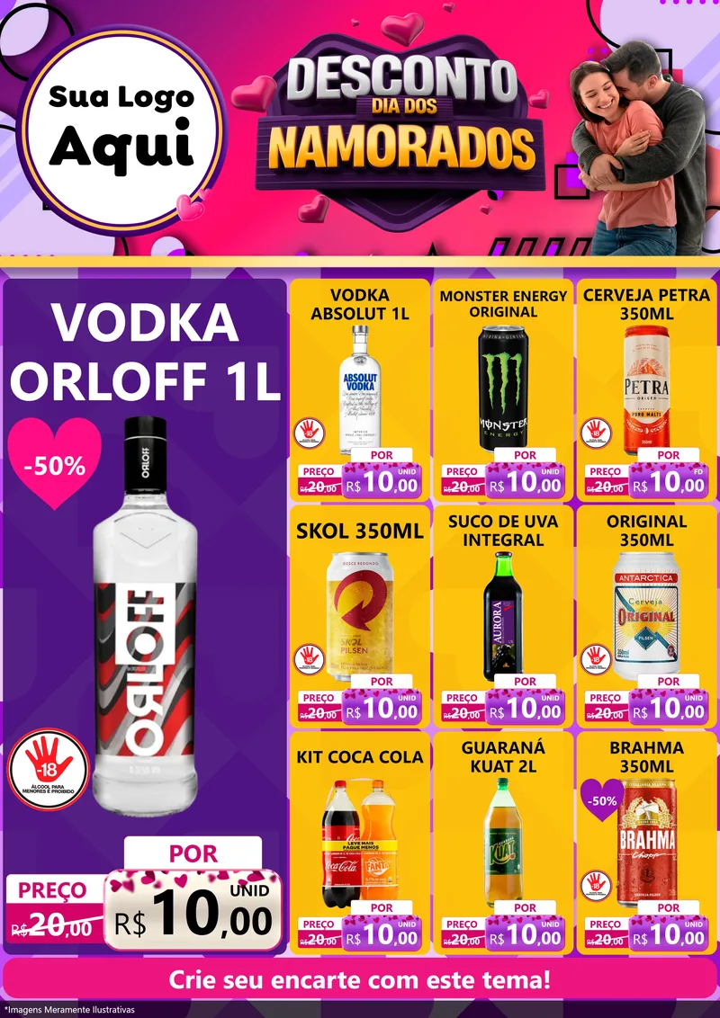 Modelo de Encarte para Encarte A4 Vertical com o tema Desconto Dia dos Namorados para Distribuidora de bebidas