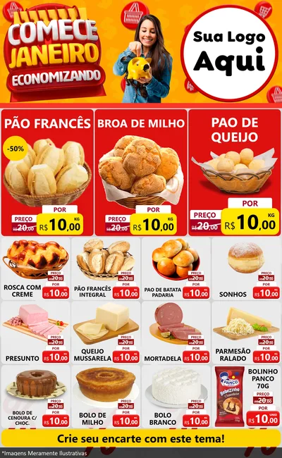 Modelo de Encarte para Encarte Grande com o tema Comece Janeiro Economizando para Padaria
