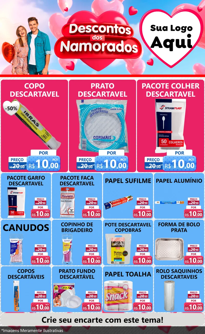 Modelo de Encarte para Encarte Grande com o tema Descontos dos Namorados para Embalagens