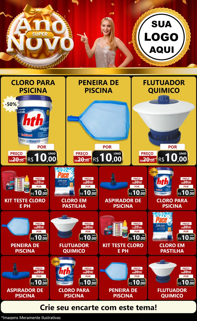Modelo de Encarte para Encarte Grande com o tema Super Ano Novo para Produtos para Piscina