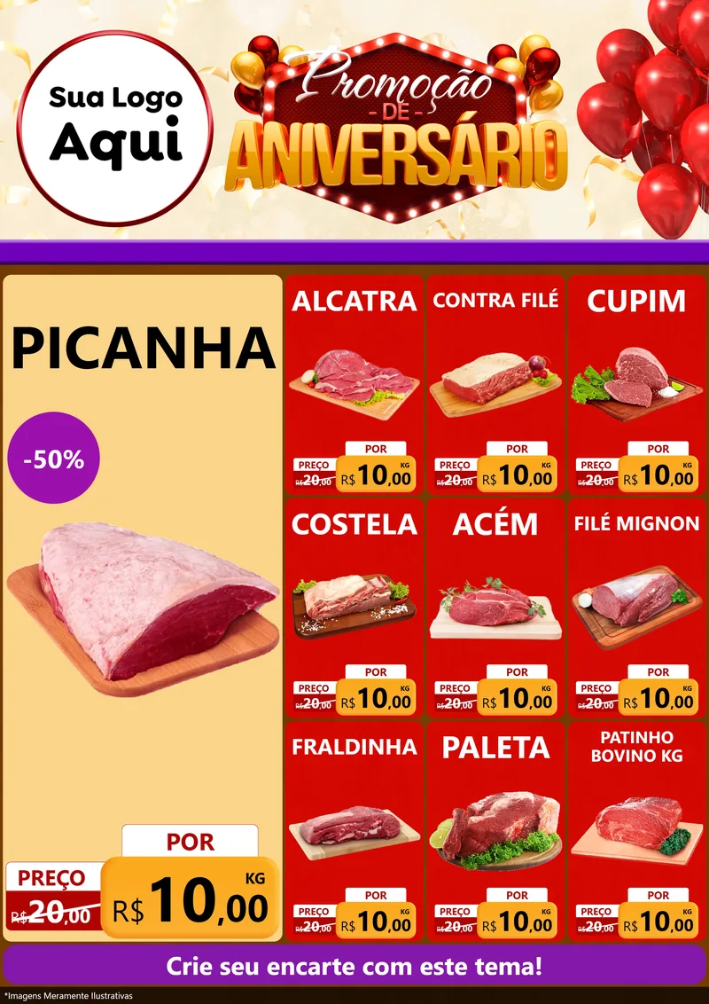 Modelo de Encarte para Encarte A4 Vertical com o tema Promoção de Aniversário para Açougue