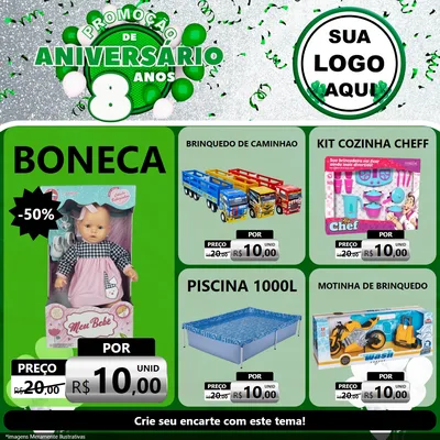 Modelo de Rede Social para Feed Facebook com o tema Promoção de Aniversário - 8 Anos para Brinquedos