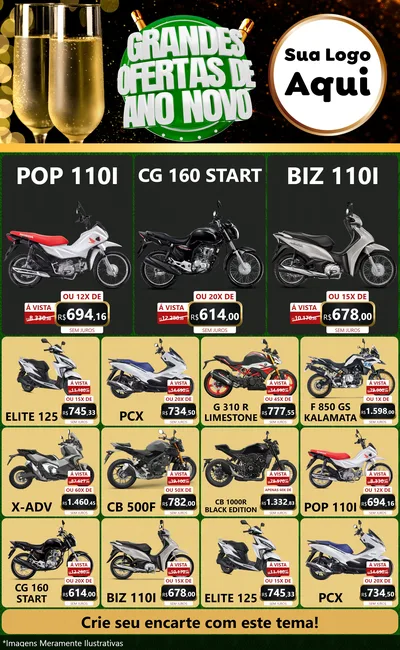 Modelo de Encarte para Encarte Grande com o tema Grandes Ofertas de Ano Novo para Concessionaria de Motos