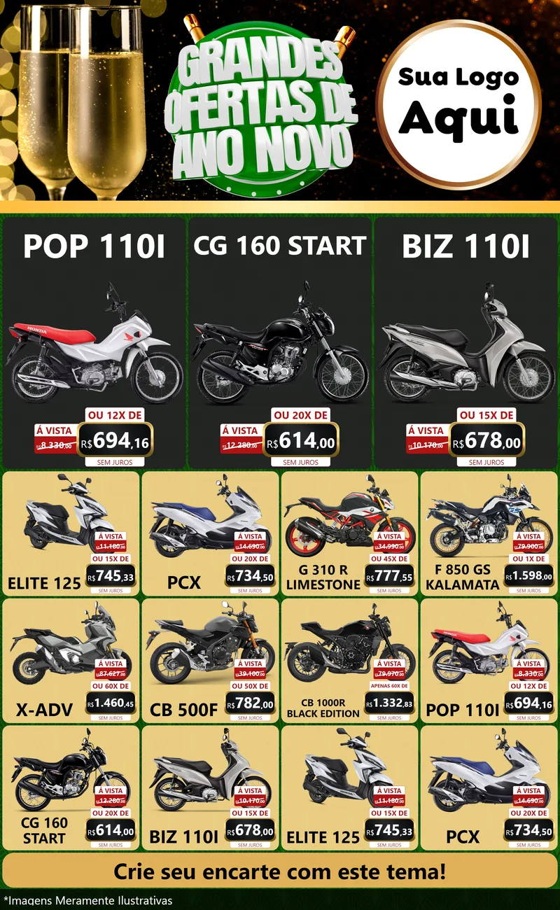 Modelo de Encarte para Encarte Grande com o tema Grandes Ofertas de Ano Novo para Concessionaria de Motos