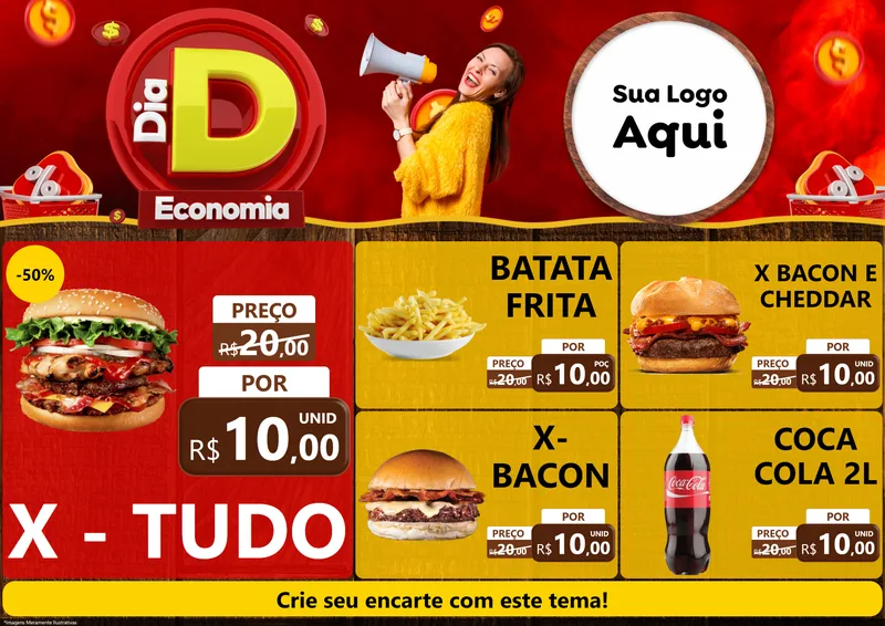 Modelo de Encarte para Encarte A4 Horizontal com o tema Dia D Economia para Hamburgueria