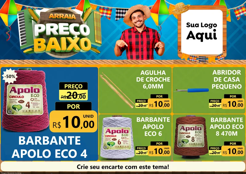 Modelo de Encarte para Encarte A4 Horizontal com o tema Arraiá de Preço Baixo - Junina para Armarinho e Aviamentos