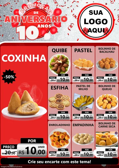 Modelo de Encarte para Encarte A4 Vertical com o tema Promoção de Aniversário - 10 Anos para Salgadaria