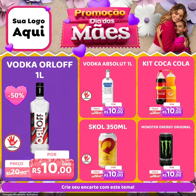 Modelo de Rede Social para Feed Facebook com o tema Promoção Dia das Mães para Distribuidora de bebidas