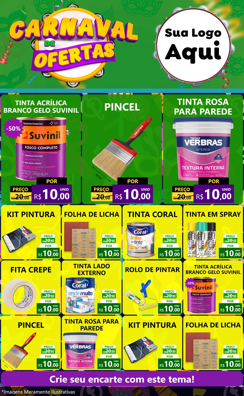 Modelo de Encarte para Encarte Grande com o tema Carnaval de Ofertas para Tintas e Ferramentas