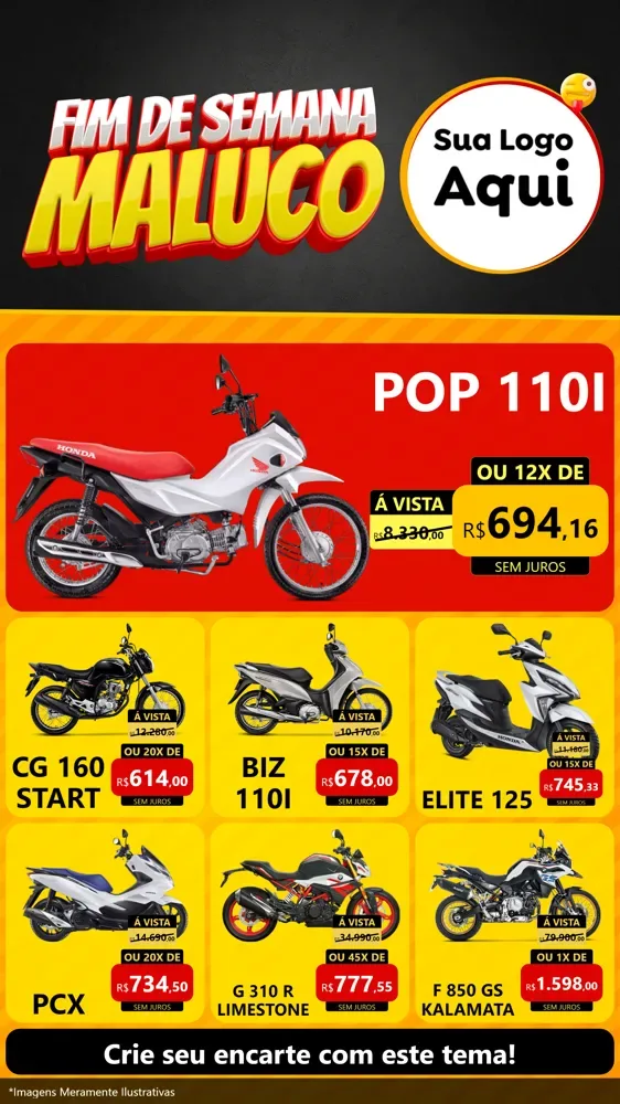 Modelo de Rede Social para Stories com o tema Final de Semana Maluco para Concessionaria de Motos