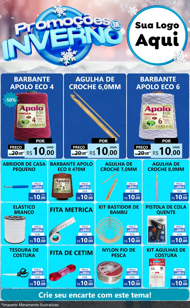 Modelo de Encarte para Encarte Grande com o tema Promoções de Inverno para Armarinho e Aviamentos
