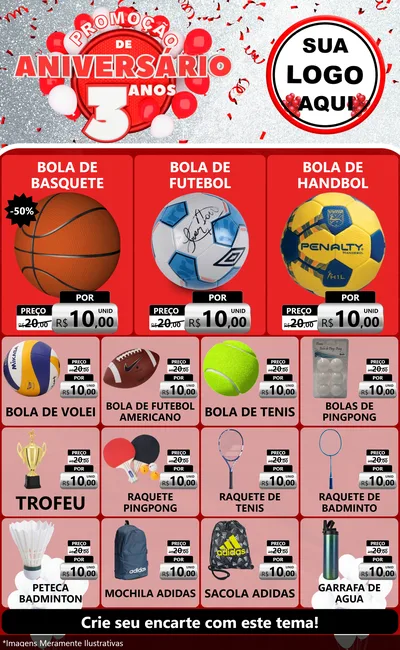 Modelo de Encarte para Encarte Grande com o tema Promoção de Aniversário - 3 Anos para Artigos Esportivos
