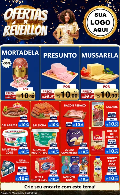 Modelo de Encarte para Encarte Grande com o tema Ofertas de Réveillon para Frios e Laticínios