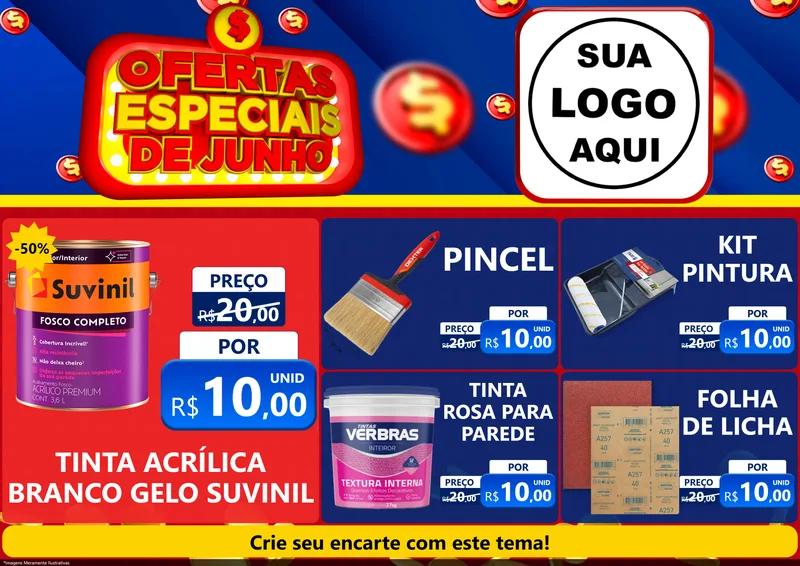 Modelo de Encarte para Encarte A4 Horizontal com o tema Ofertas Especiais de Junho para Tintas e Ferramentas