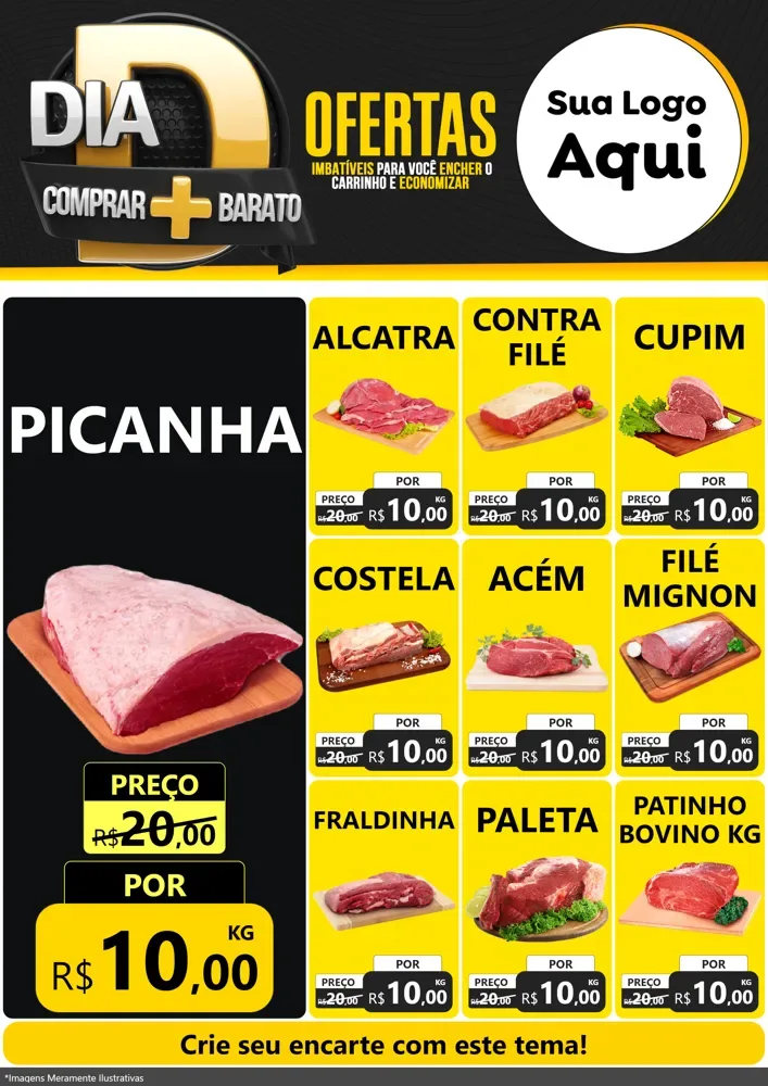 Modelo de Encarte para Encarte A4 Vertical com o tema Dia D Mais Economia para Açougue