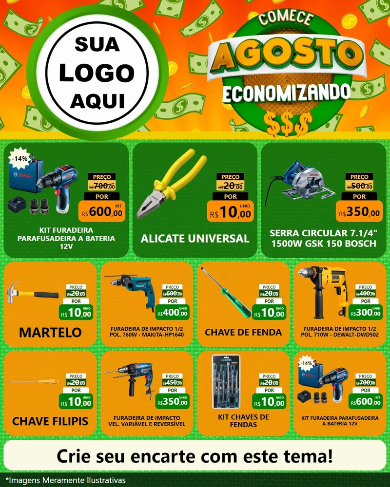 Modelo de Rede Social para Feed Instagram com o tema Comece Agosto Economizando para Maquinas e Ferramentas