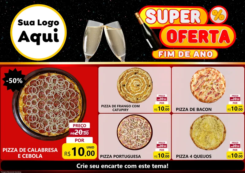 Modelo de Encarte para Encarte A4 Horizontal com o tema Super Oferta Fim de Ano para Pizzaria