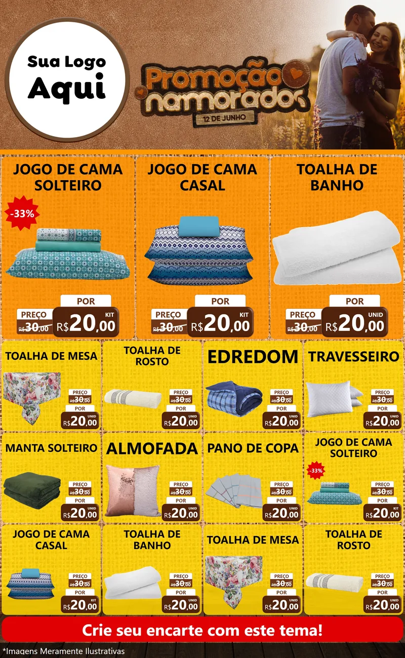 Modelo de Encarte para Encarte Grande com o tema Promoção Namorados para Cama, Mesa e Banho