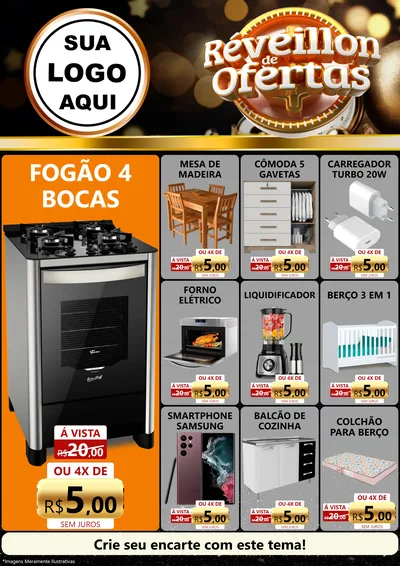Modelo de Encarte para Encarte A4 Vertical com o tema Réveillon de Ofertas para Móveis e Eletro