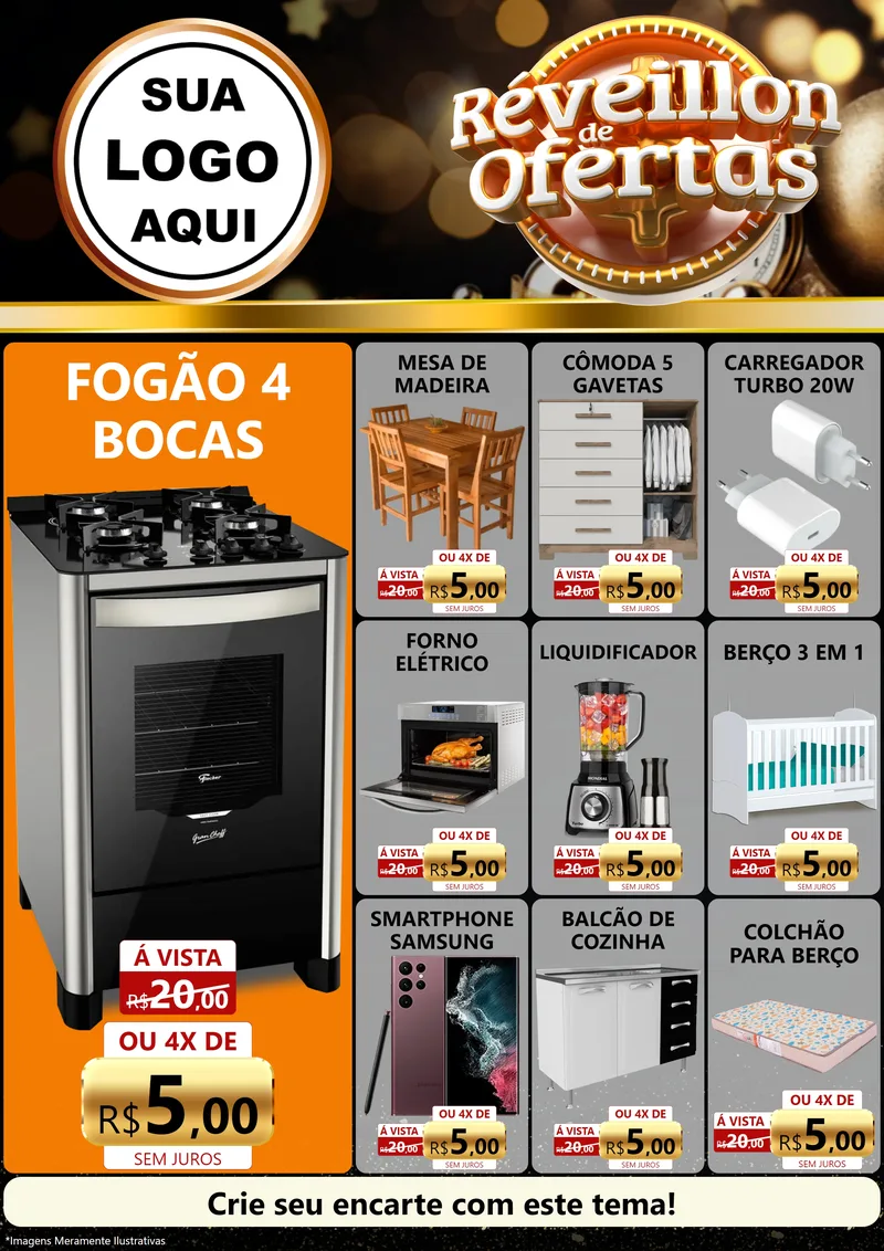 Modelo de Encarte para Encarte A4 Vertical com o tema Réveillon de Ofertas para Móveis e Eletro
